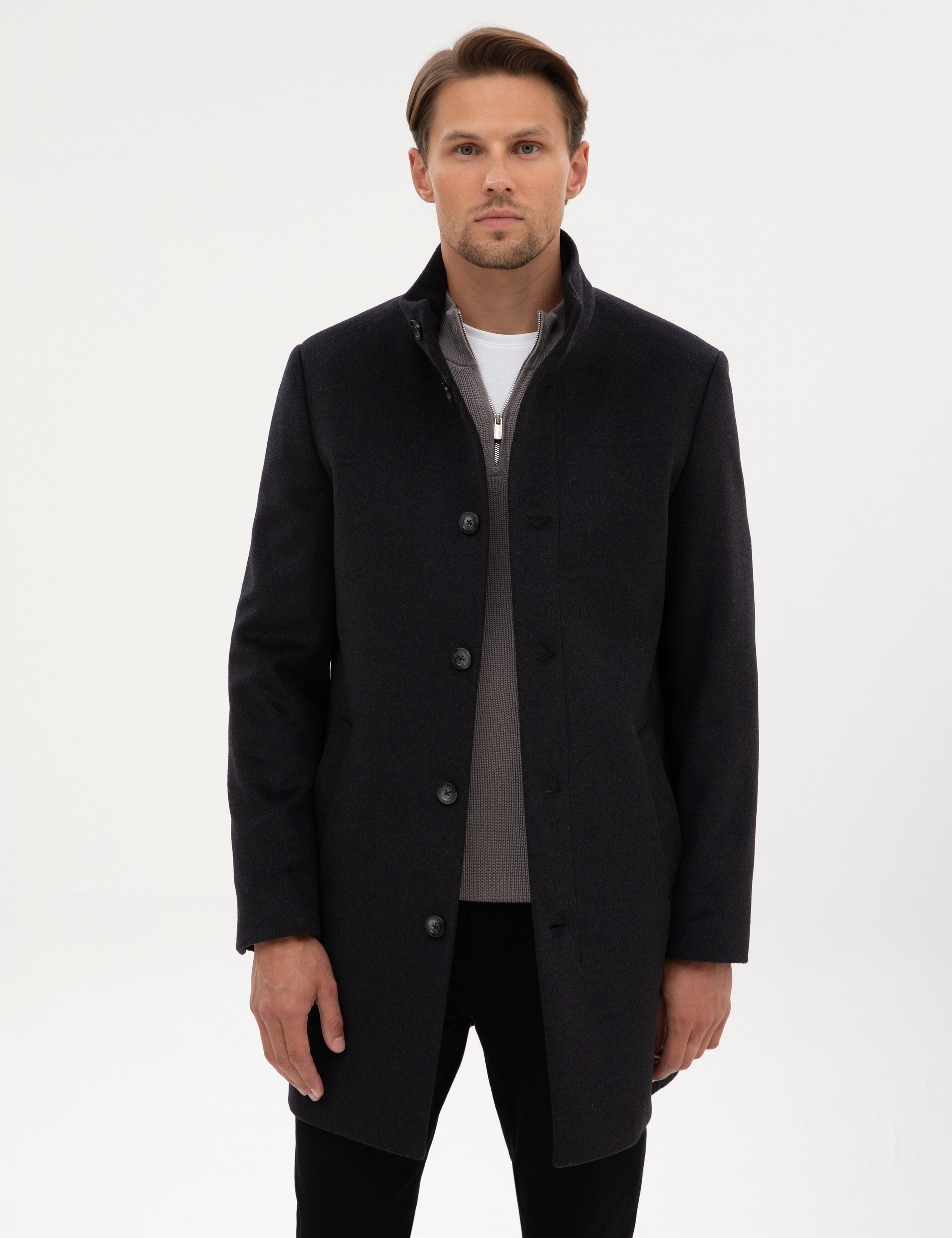 Antrasit Slim Fit Yün Karışımlı Palto - Image 1