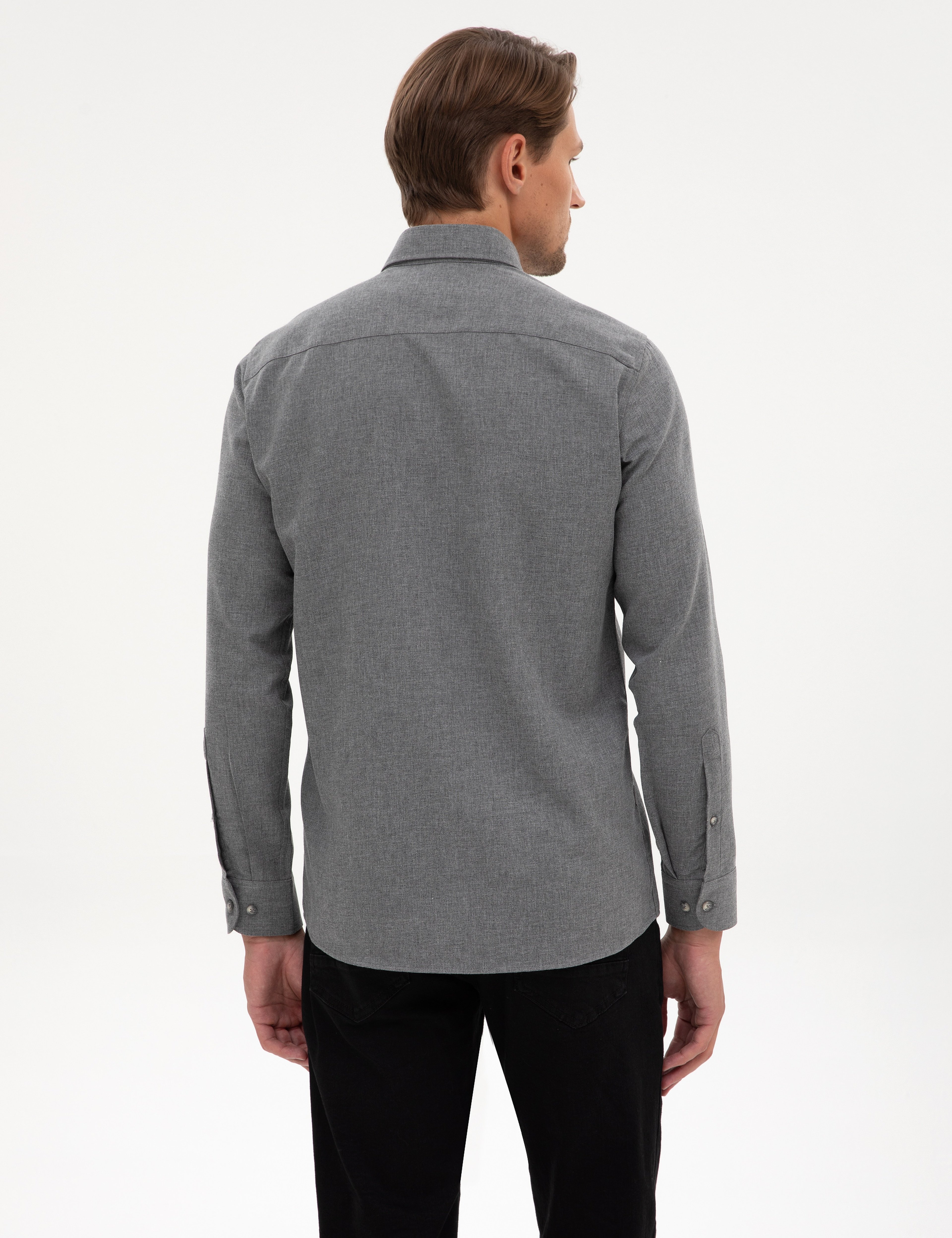 Gri Flanel Dokulu Slim Fit Uzun Kollu Gömlek
