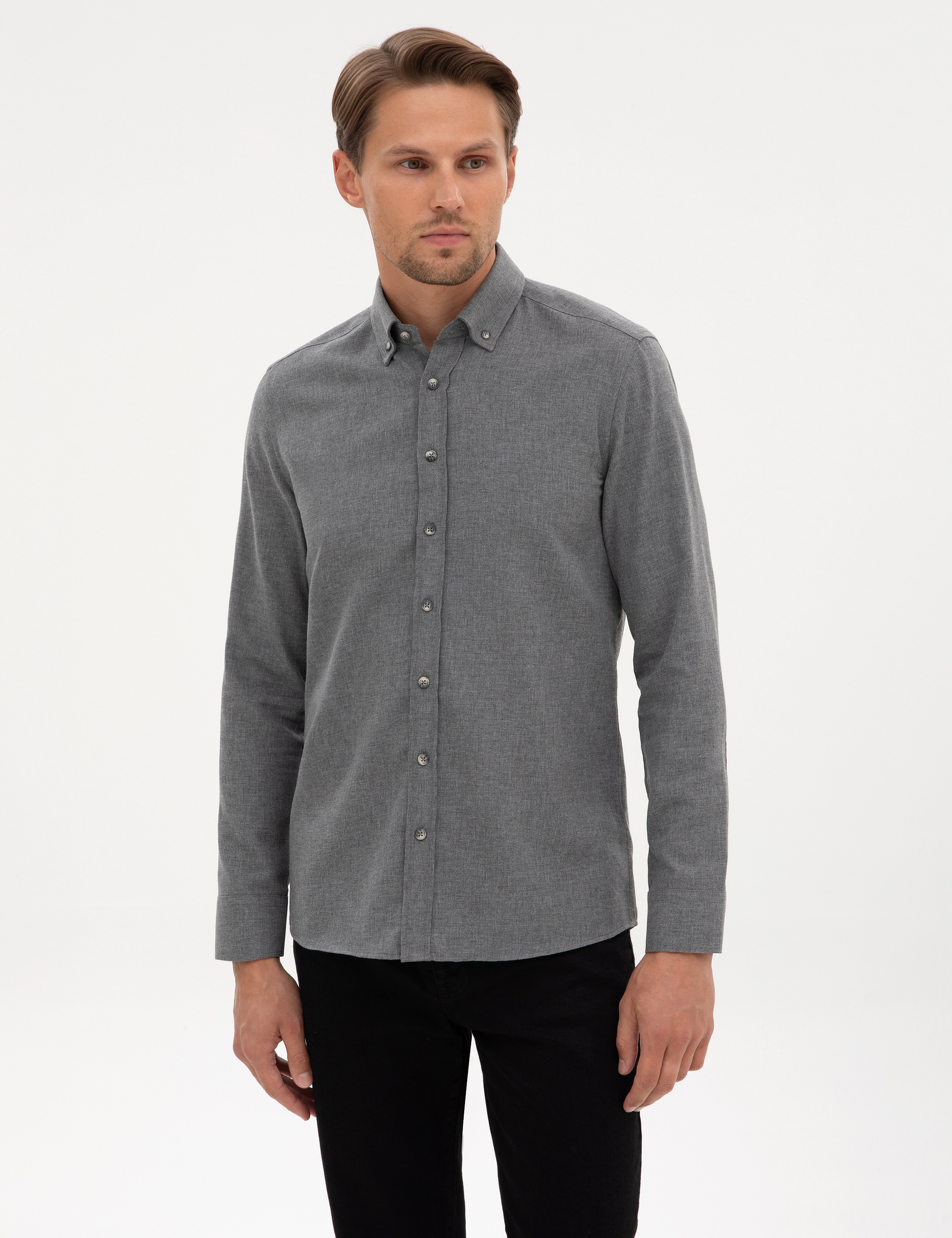 Gri Flanel Dokulu Slim Fit Uzun Kollu Gömlek - Image 1