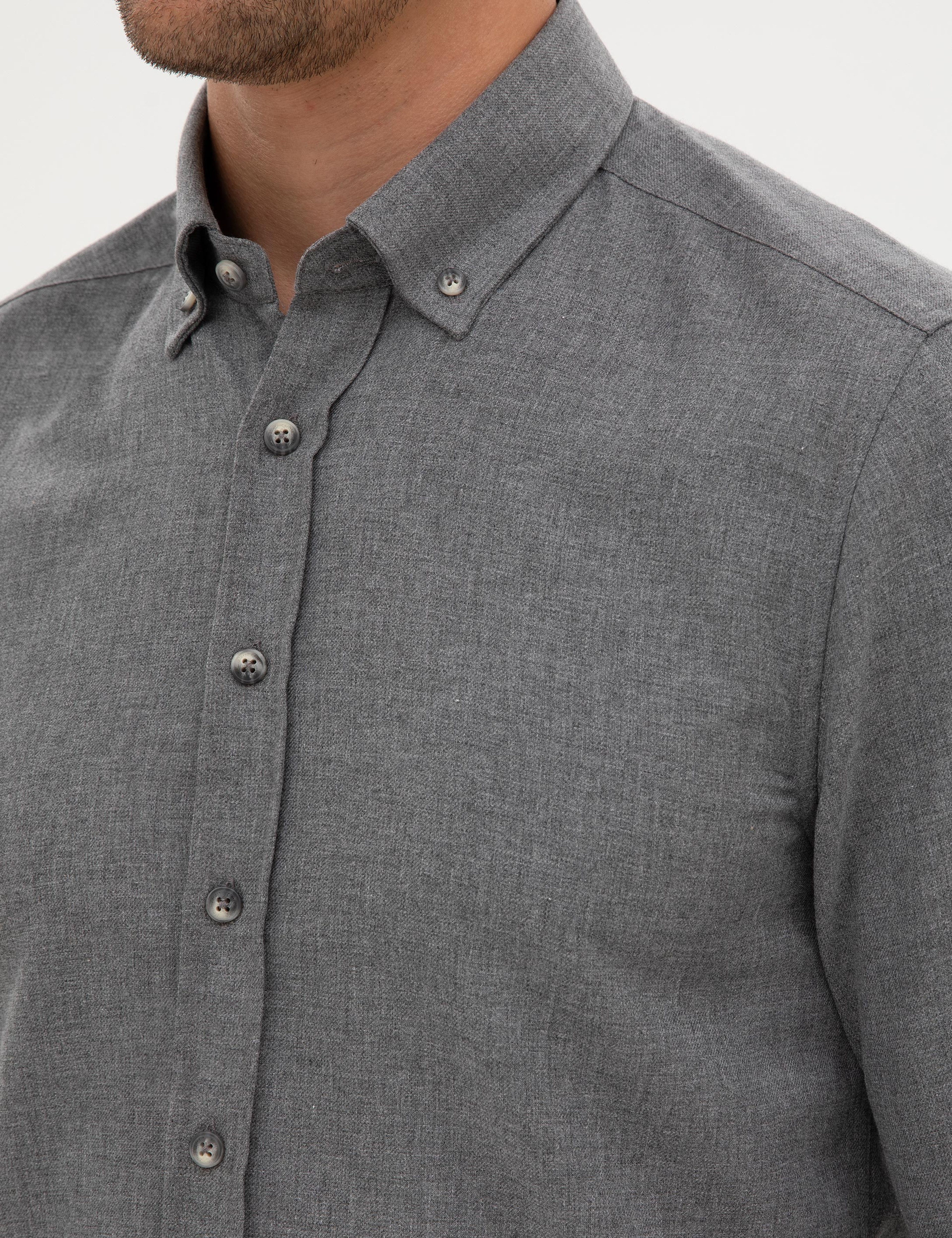 Gri Flanel Dokulu Slim Fit Uzun Kollu Gömlek