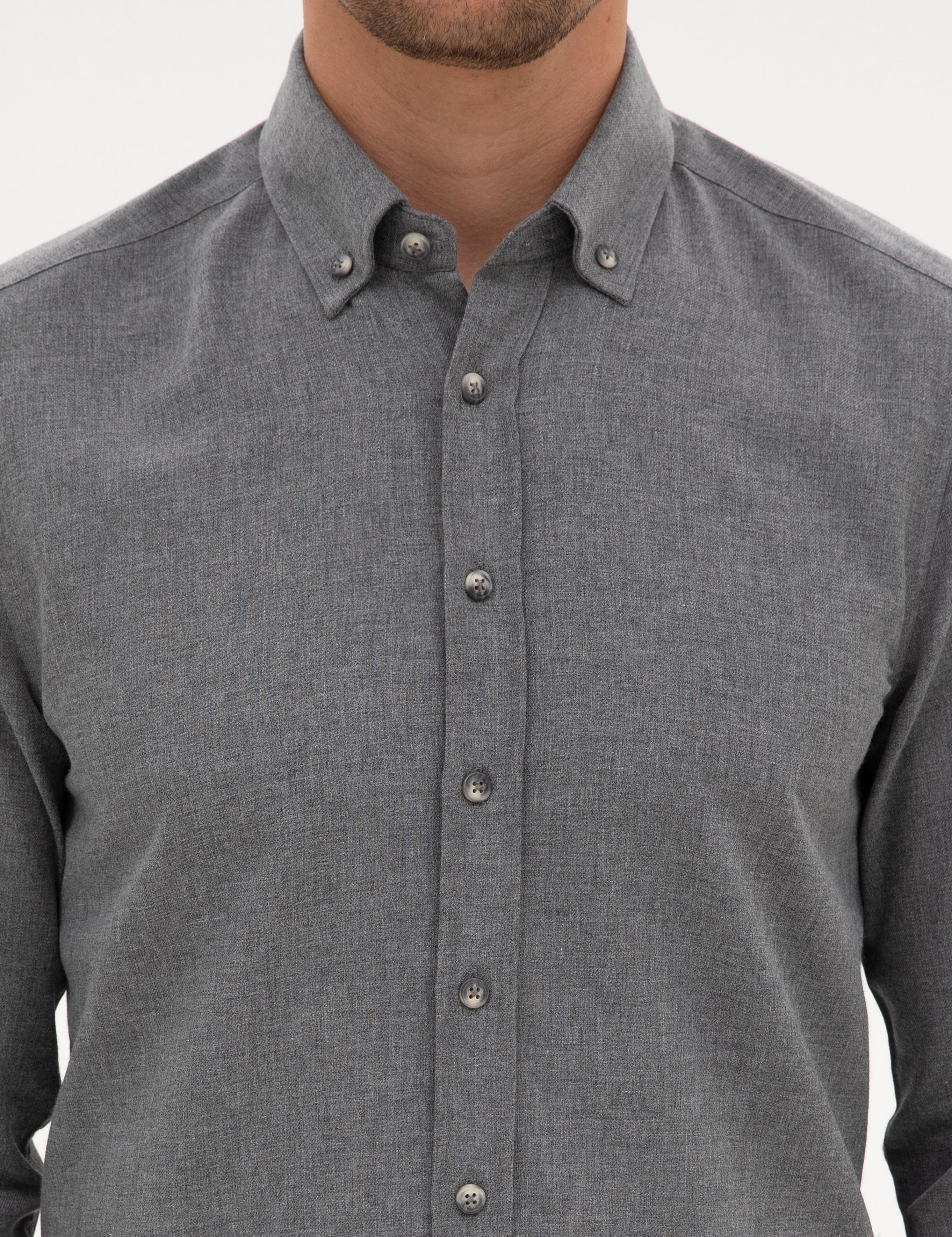 Gri Flanel Dokulu Slim Fit Uzun Kollu Gömlek