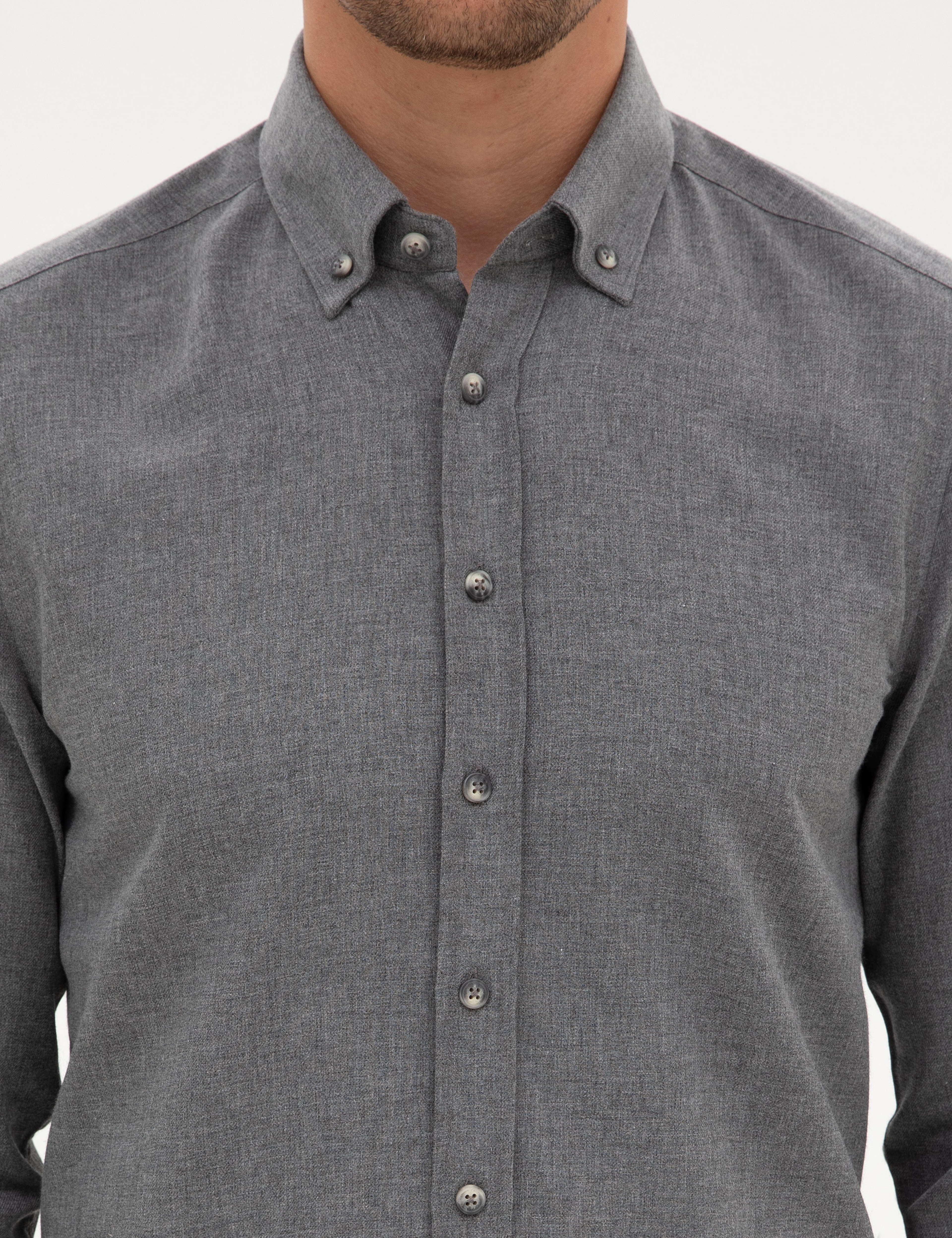 Gri Flanel Dokulu Slim Fit Uzun Kollu Gömlek - Image 6