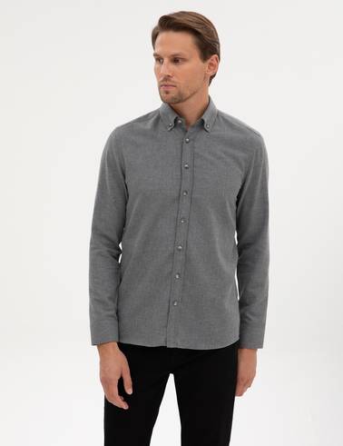 Gri Flanel Dokulu Slim Fit Uzun Kollu Gömlek