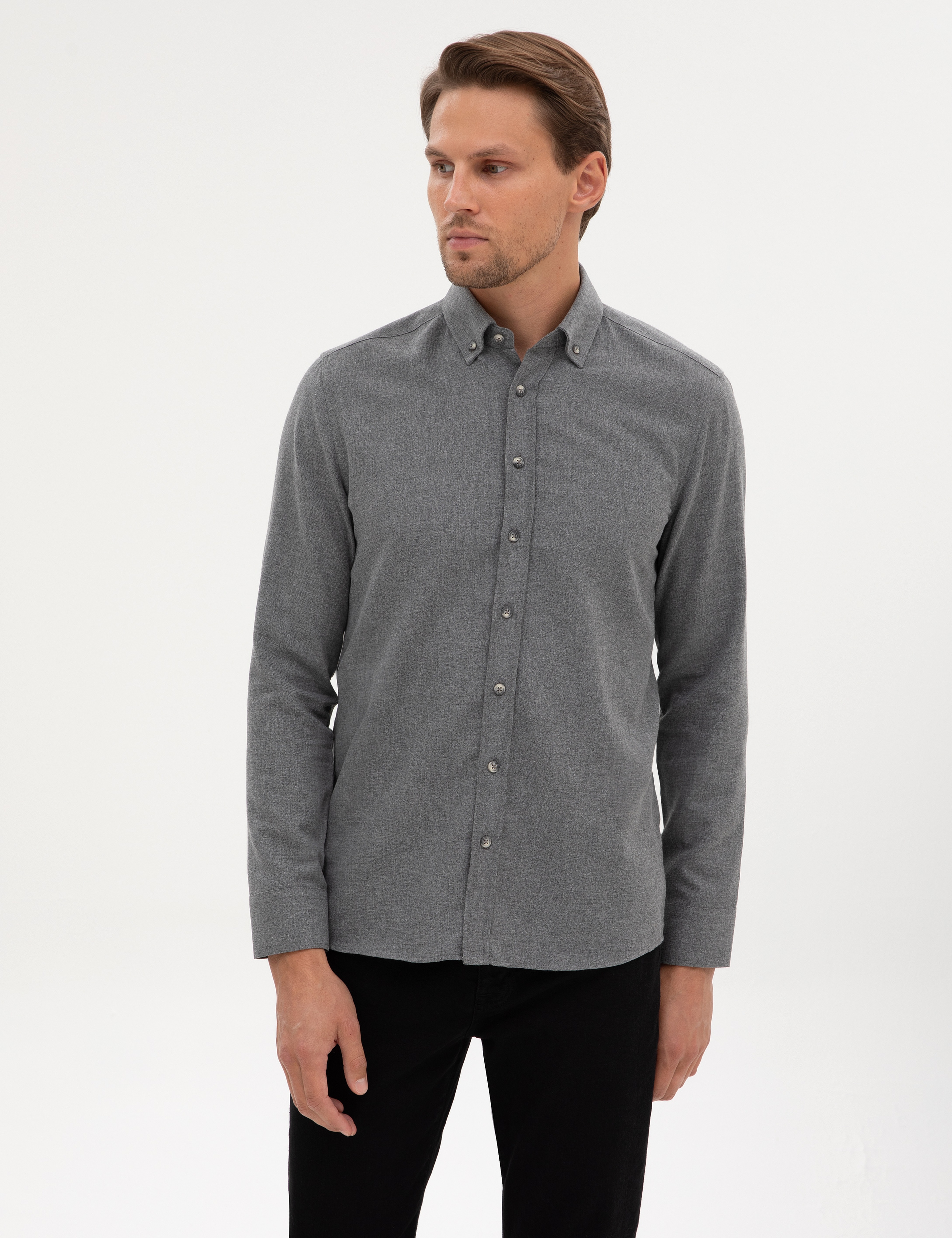 Gri Flanel Dokulu Slim Fit Uzun Kollu Gömlek - Image 3