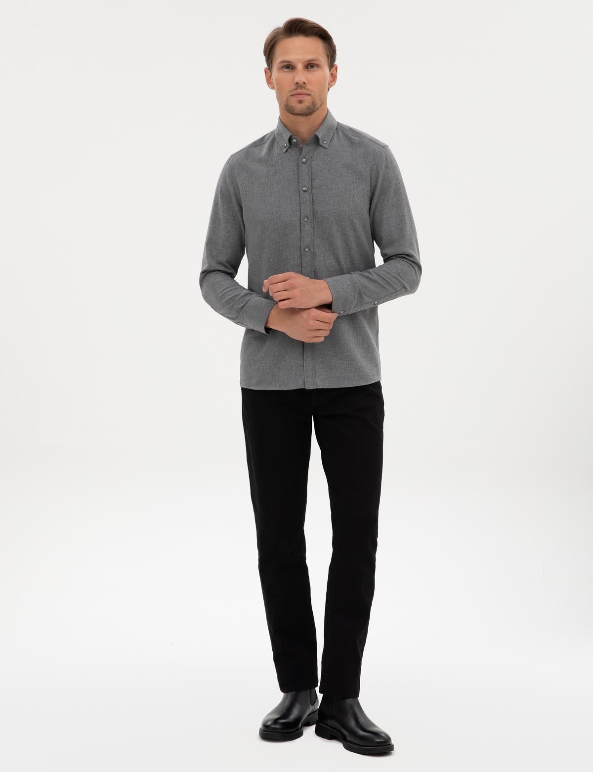 Gri Flanel Dokulu Slim Fit Uzun Kollu Gömlek - 50316751001