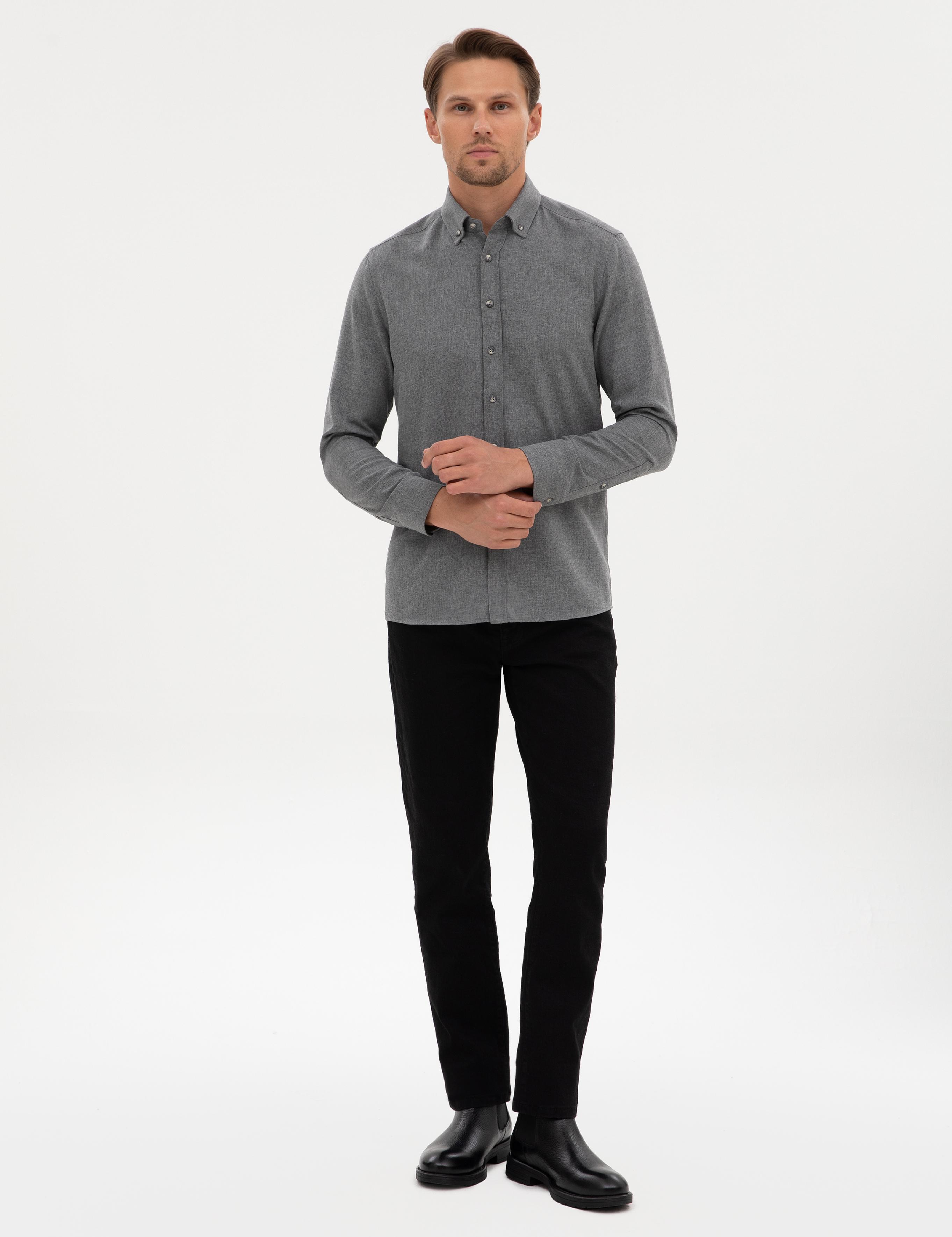 Gri Flanel Dokulu Slim Fit Uzun Kollu Gömlek