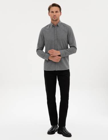 Gri Flanel Dokulu Slim Fit Uzun Kollu Gömlek