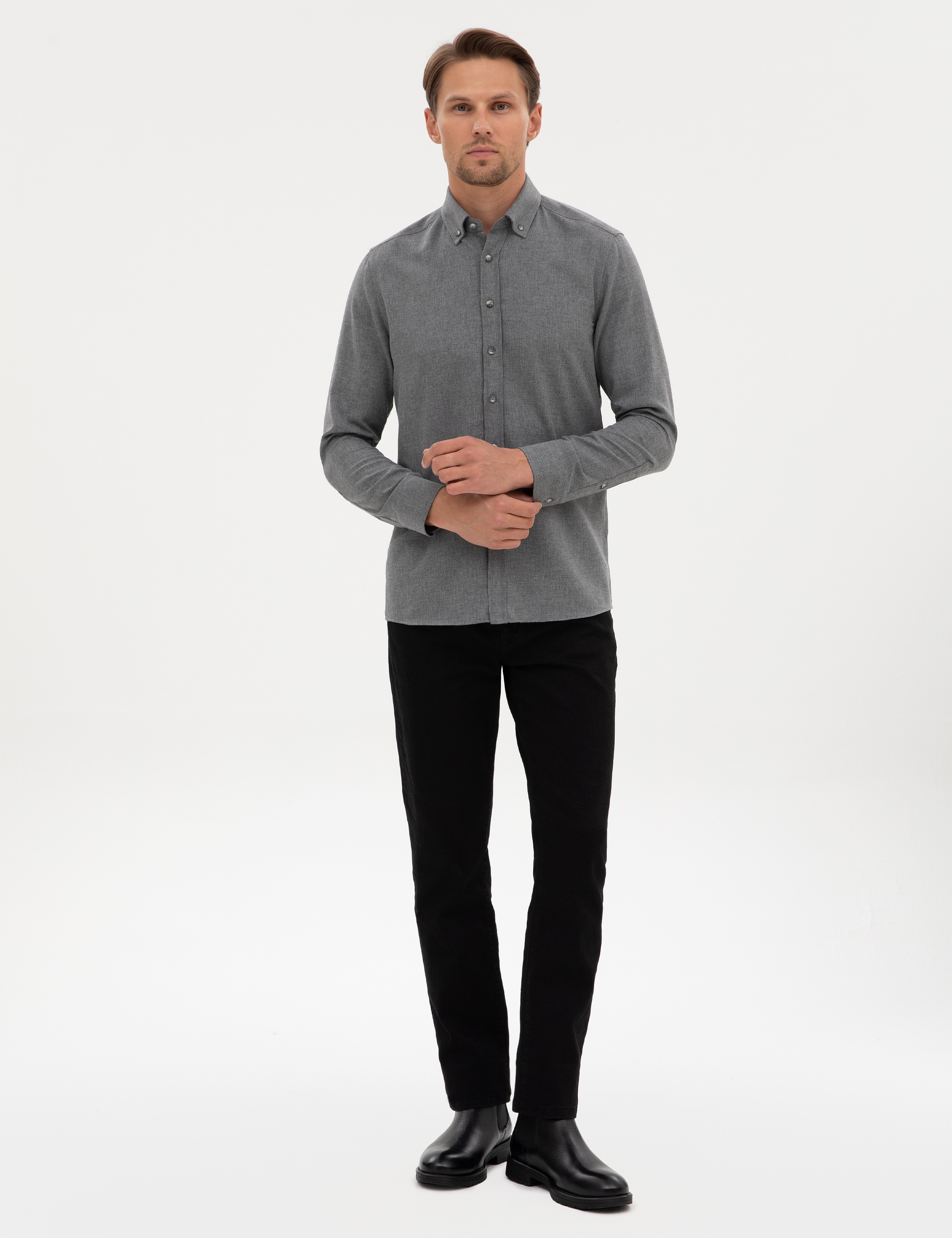 Gri Flanel Dokulu Slim Fit Uzun Kollu Gömlek - Image 4