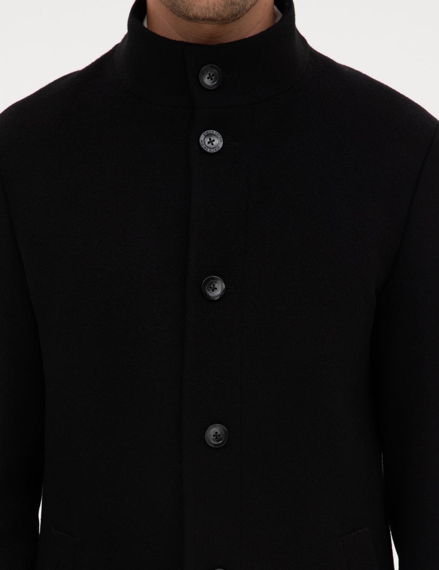 Siyah Slim Fit Yün Karışımlı Palto