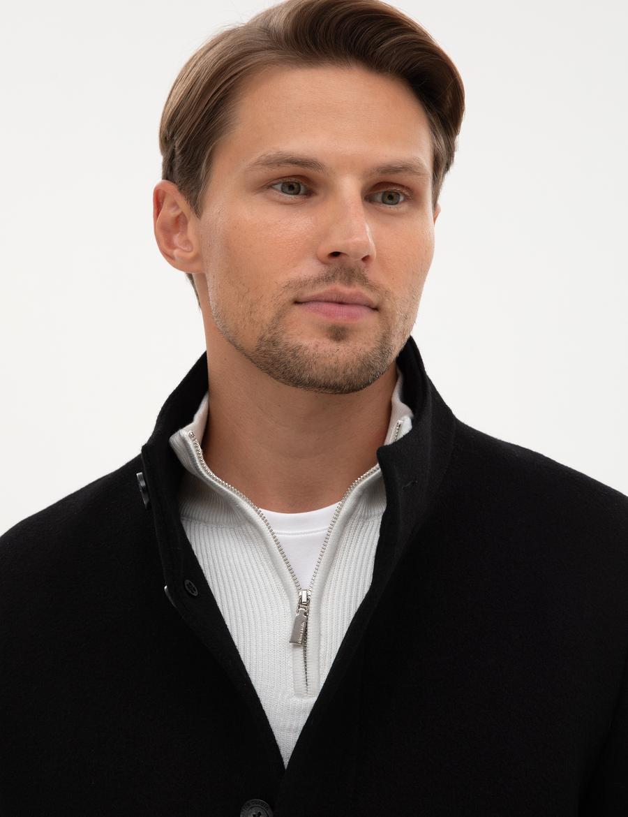 Siyah Slim Fit Yün Karışımlı Palto