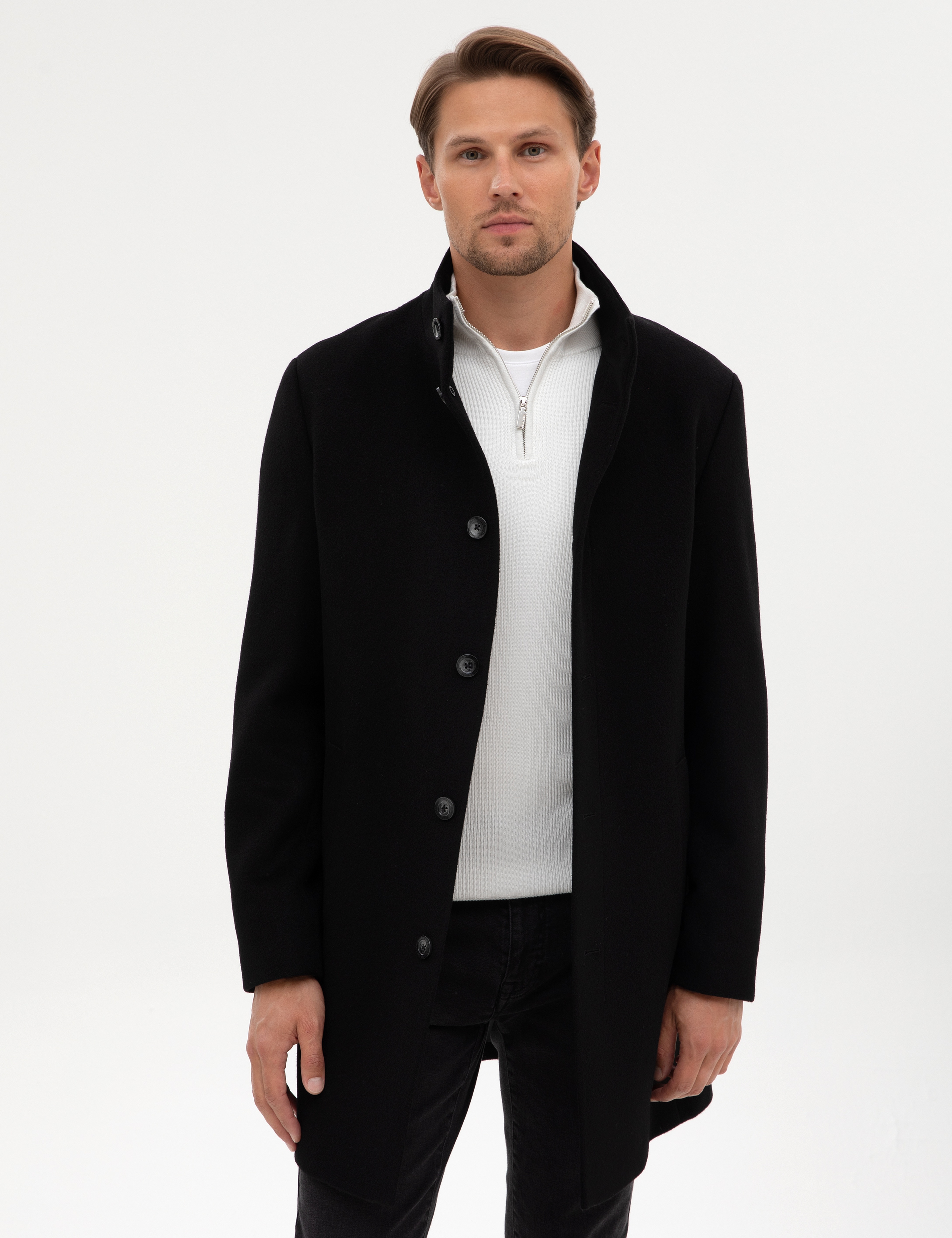 Siyah Slim Fit Yün Karışımlı Palto - Image 3