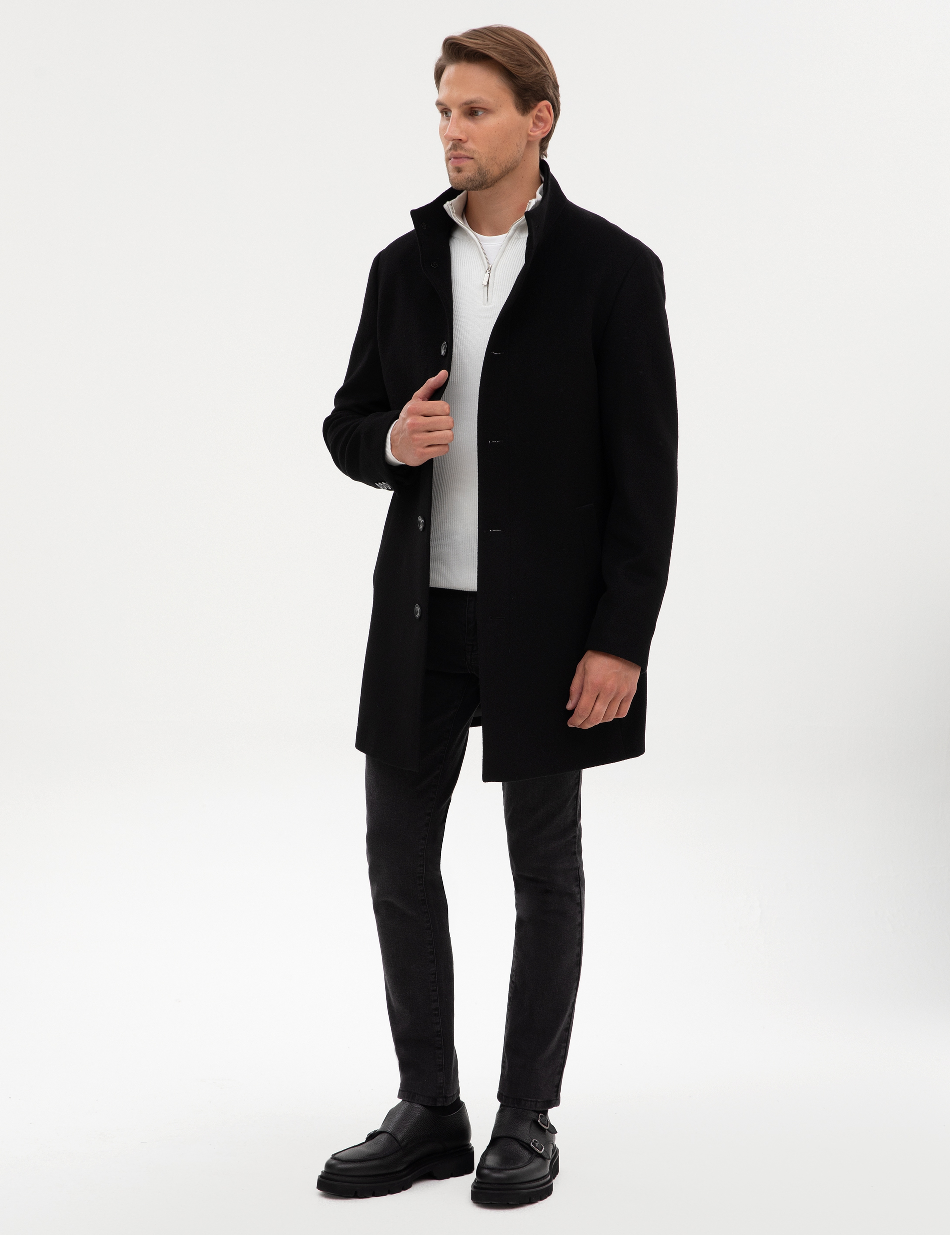 Siyah Slim Fit Yün Karışımlı Palto - Image 4
