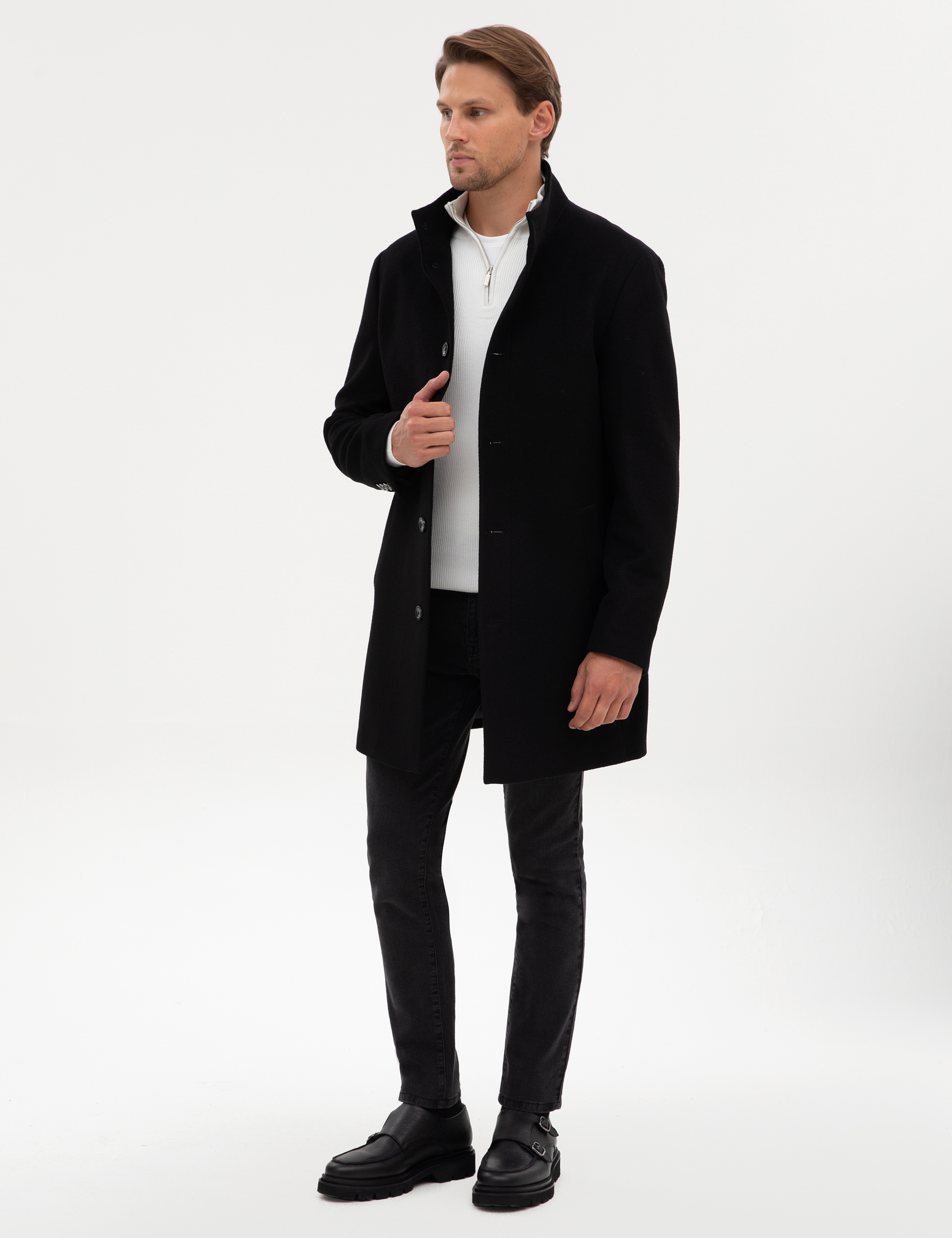 Siyah Slim Fit Yün Karışımlı Palto