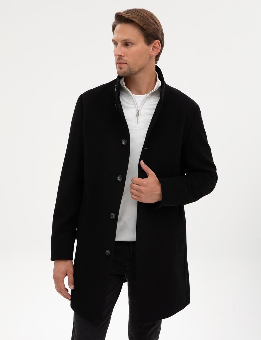 Siyah Slim Fit Yün Karışımlı Palto