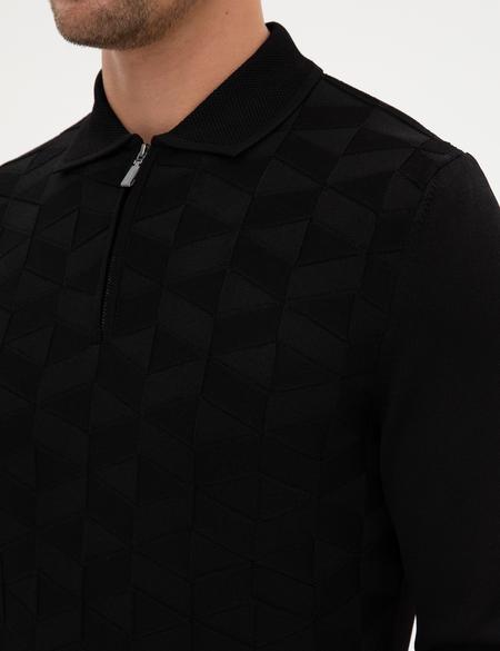 Siyah Slim Fit Polo Yaka Fermuarlı Triko Kazak - 50315688009