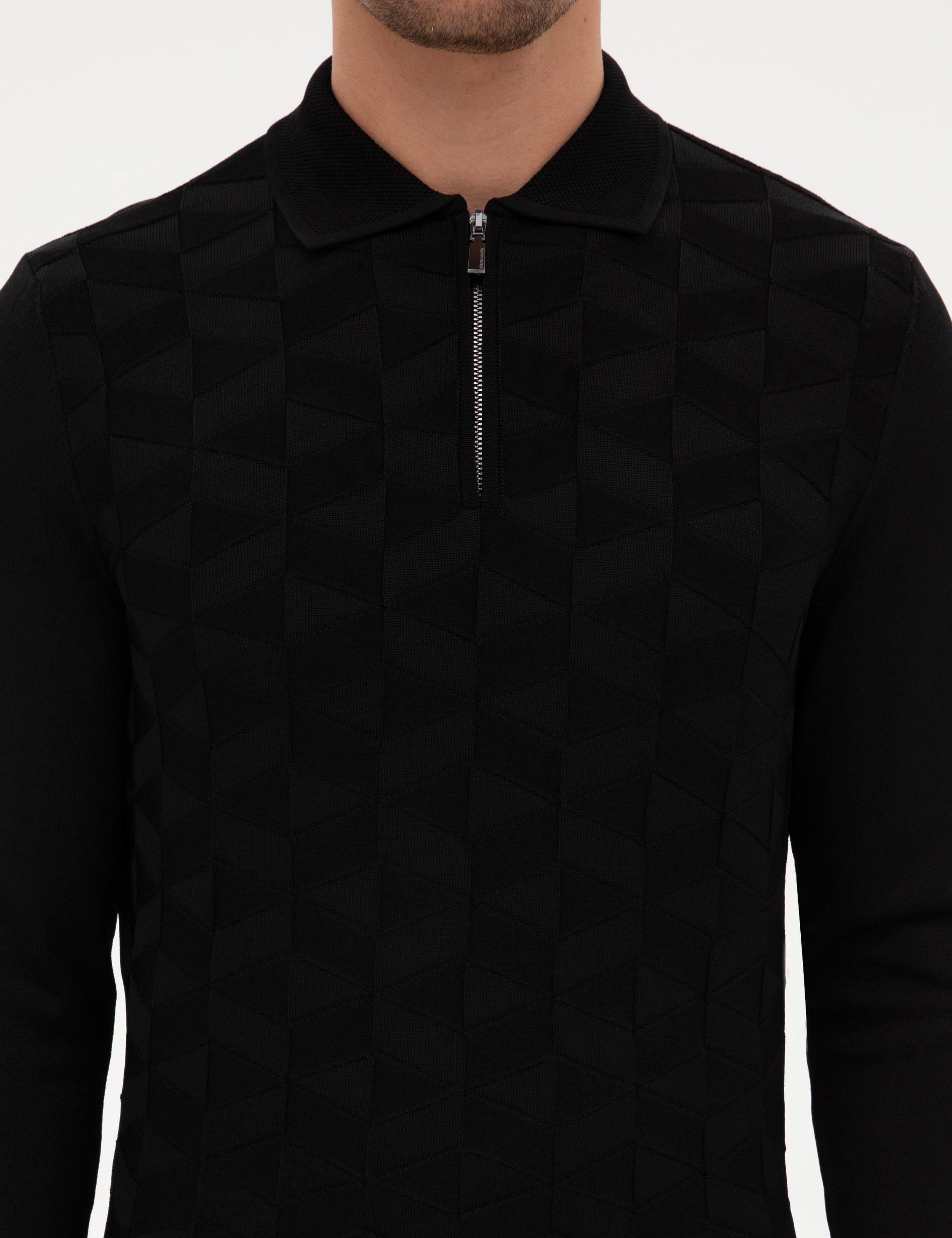 Siyah Slim Fit Polo Yaka Fermuarlı Triko Kazak