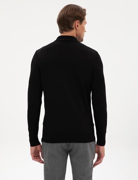 Siyah Slim Fit Polo Yaka Fermuarlı Triko Kazak - 50315688009
