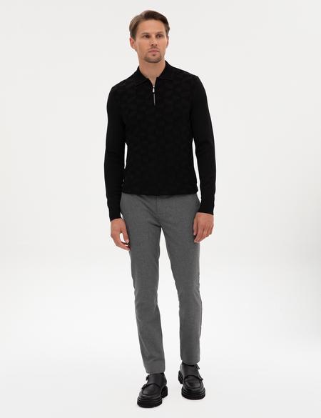 Siyah Slim Fit Polo Yaka Fermuarlı Triko Kazak - 50315688009