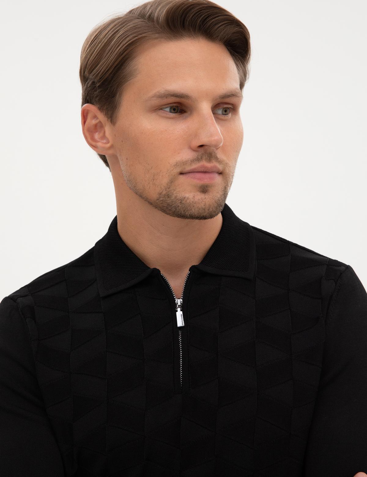 Siyah Slim Fit Polo Yaka Fermuarlı Triko Kazak - 50315688009