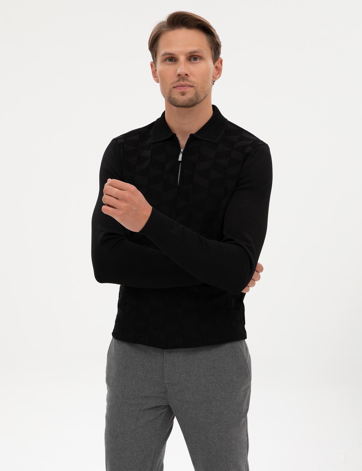 Siyah Slim Fit Polo Yaka Fermuarlı Triko Kazak - 50315688009