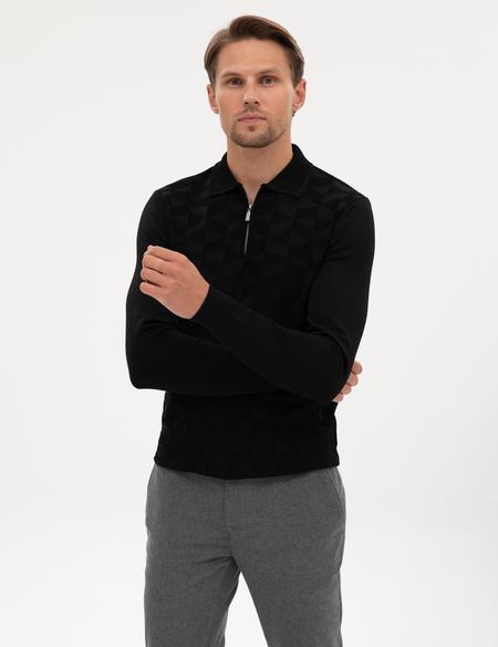 Siyah Slim Fit Polo Yaka Fermuarlı Triko Kazak - 50315688009