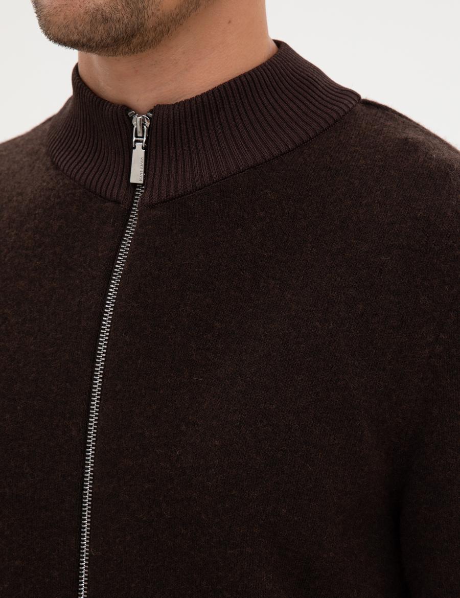 Koyu Kahverengi Slim Fit Yün Karışımlı Triko Hırka