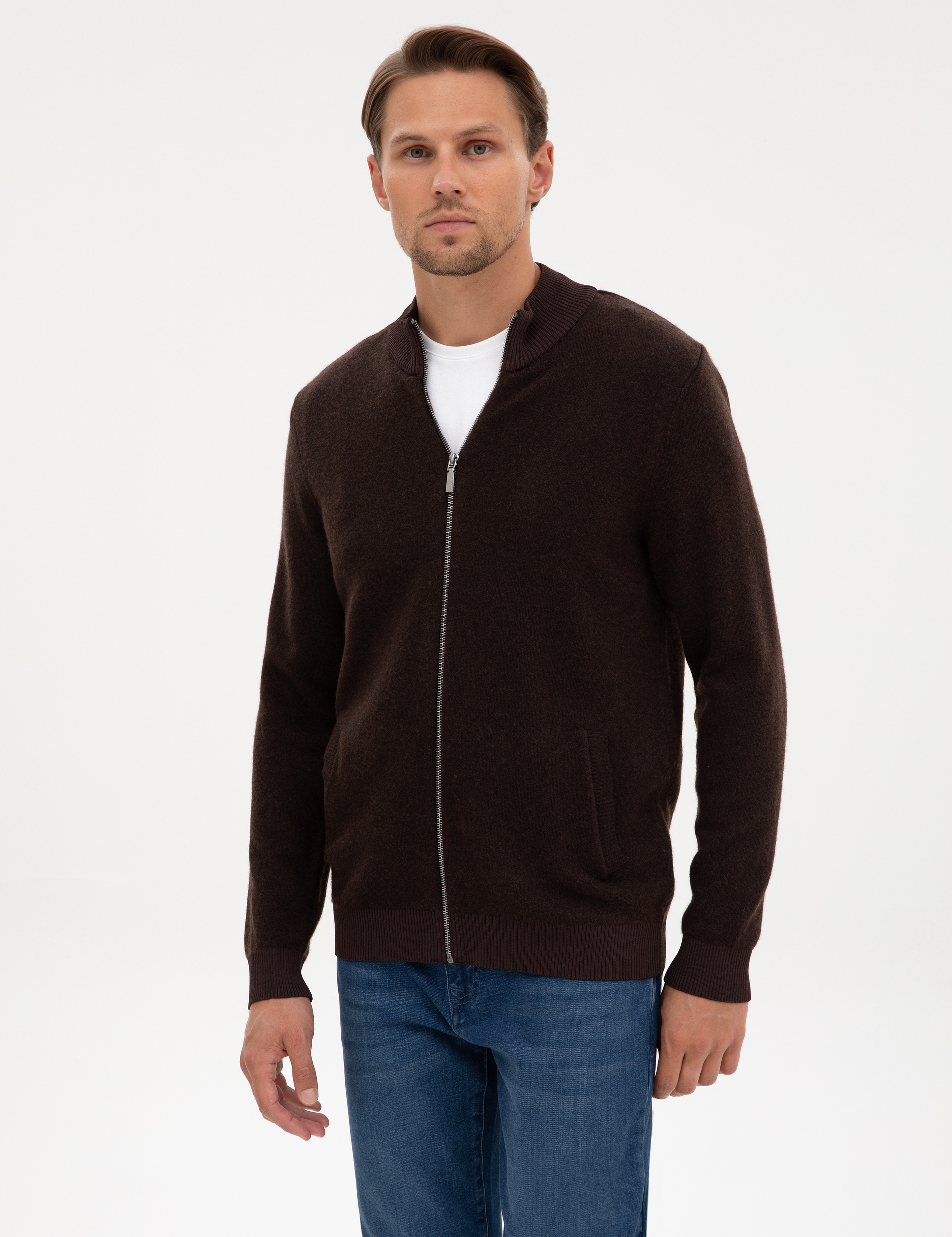 Koyu Kahverengi Slim Fit Yün Karışımlı Triko Hırka - Image 1