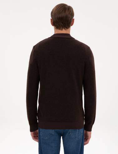 Koyu Kahverengi Slim Fit Yün Karışımlı Triko Hırka