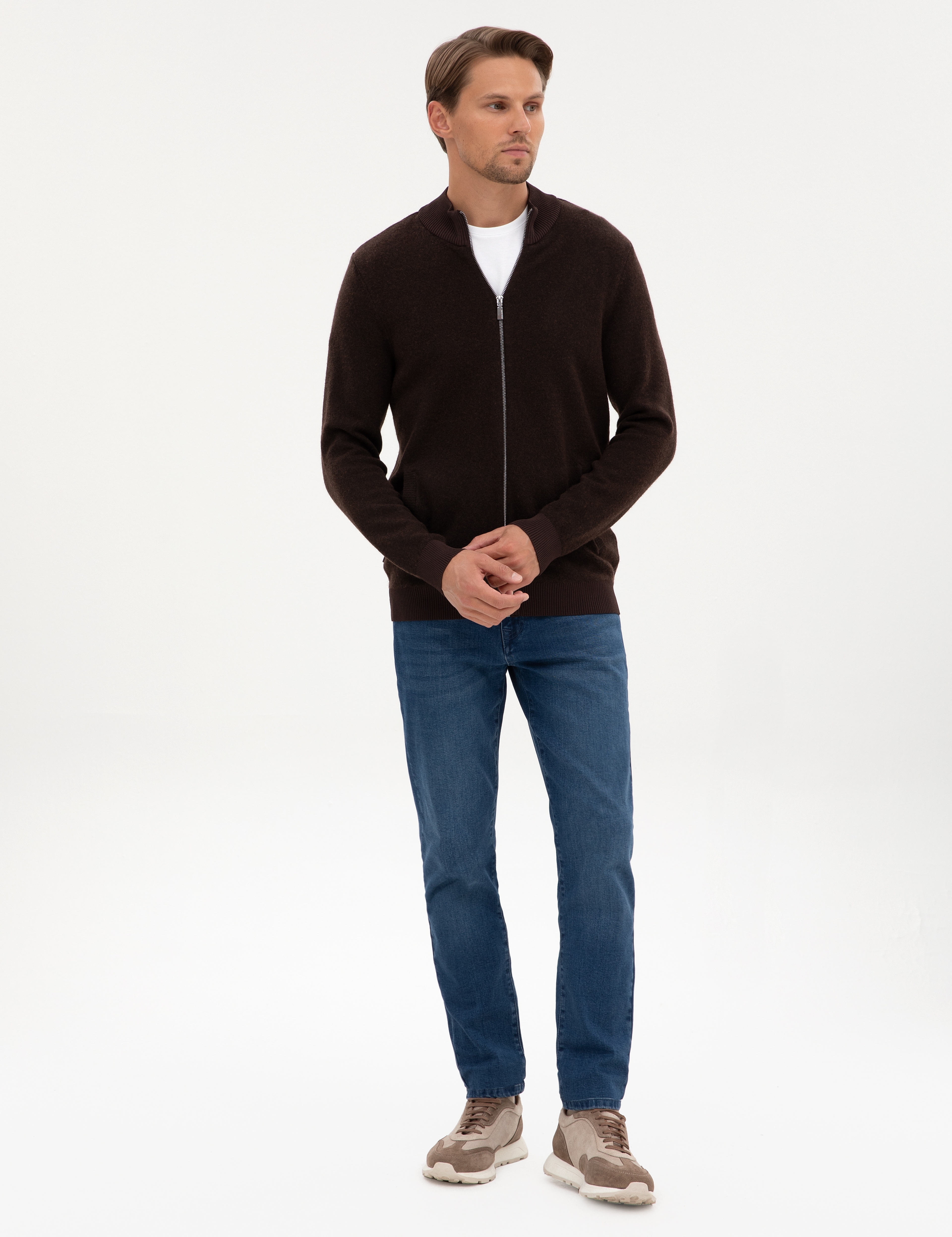 Koyu Kahverengi Slim Fit Yün Karışımlı Triko Hırka - Image 4