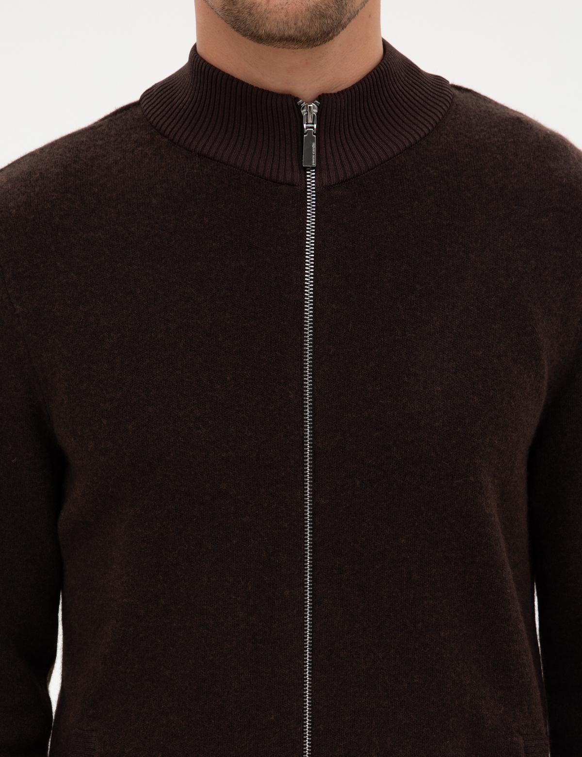 Koyu Kahverengi Slim Fit Yün Karışımlı Triko Hırka - 50315948008