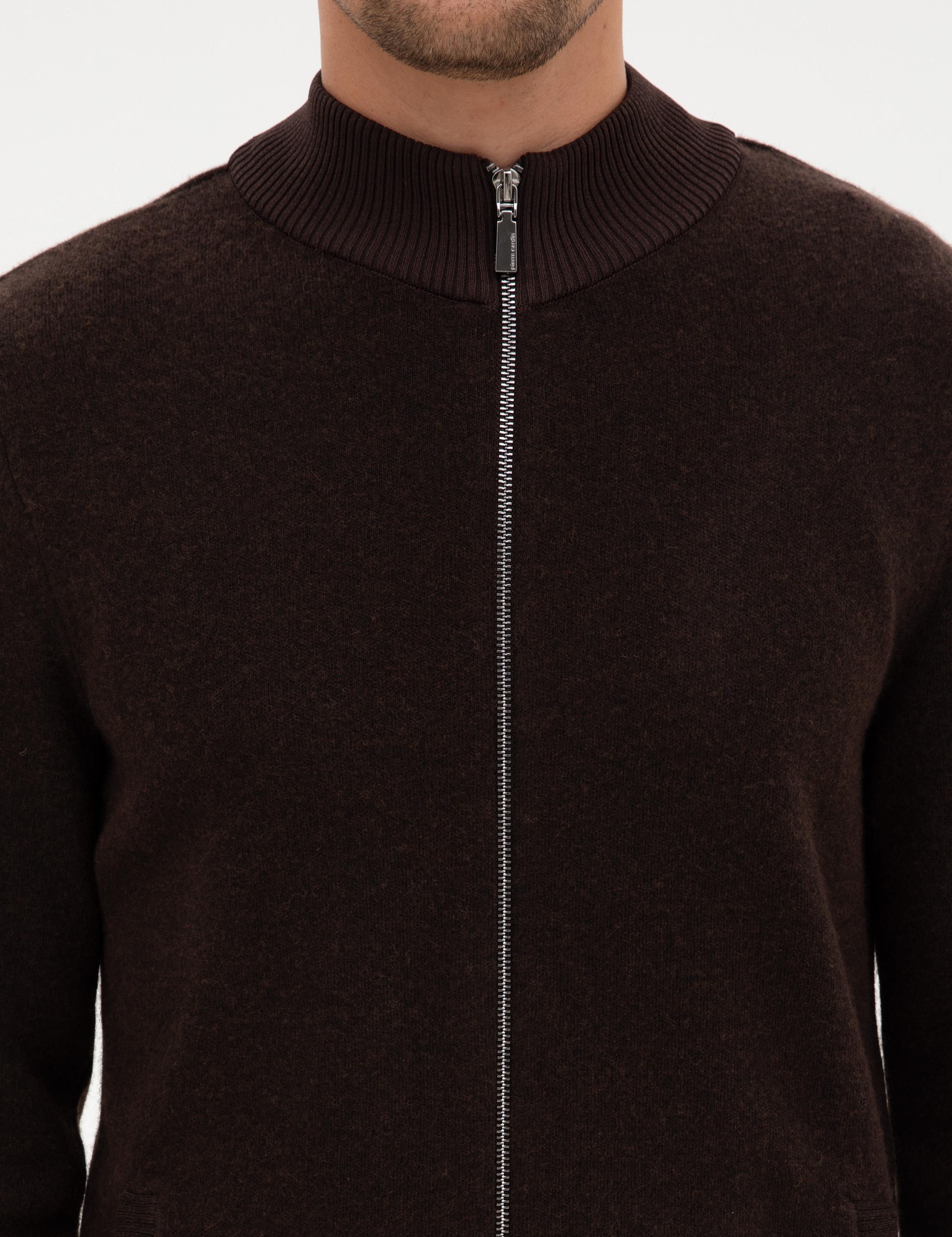 Koyu Kahverengi Slim Fit Yün Karışımlı Triko Hırka