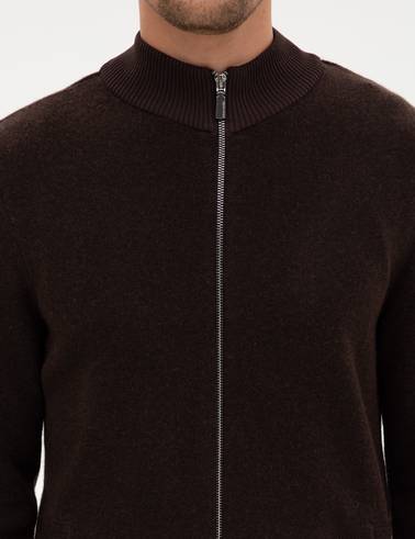 Koyu Kahverengi Slim Fit Yün Karışımlı Triko Hırka