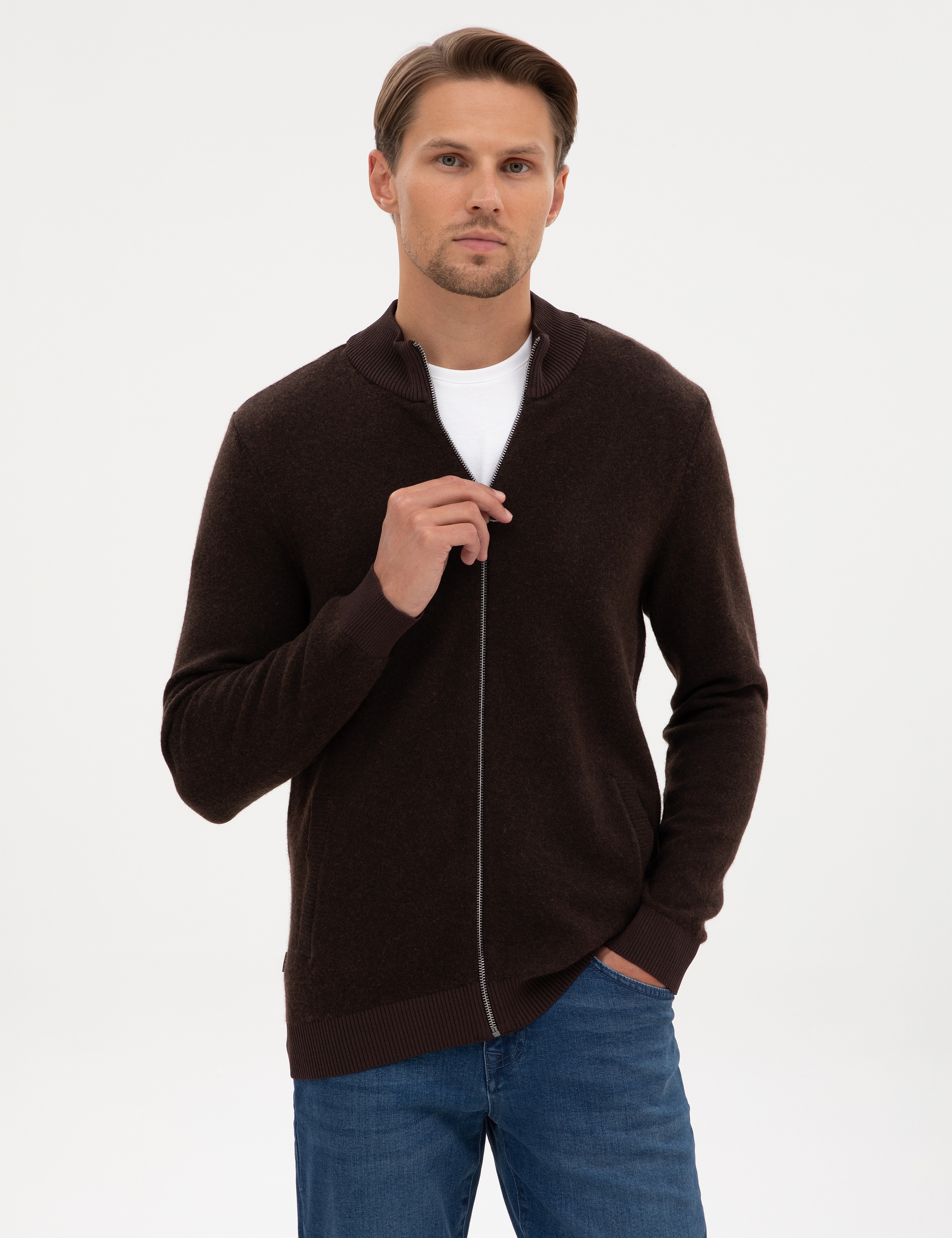 Koyu Kahverengi Slim Fit Yün Karışımlı Triko Hırka - Image 3