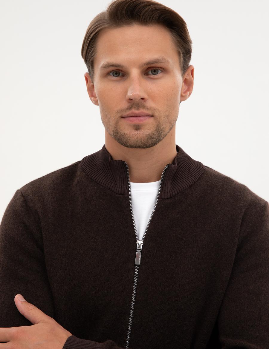 Koyu Kahverengi Slim Fit Yün Karışımlı Triko Hırka