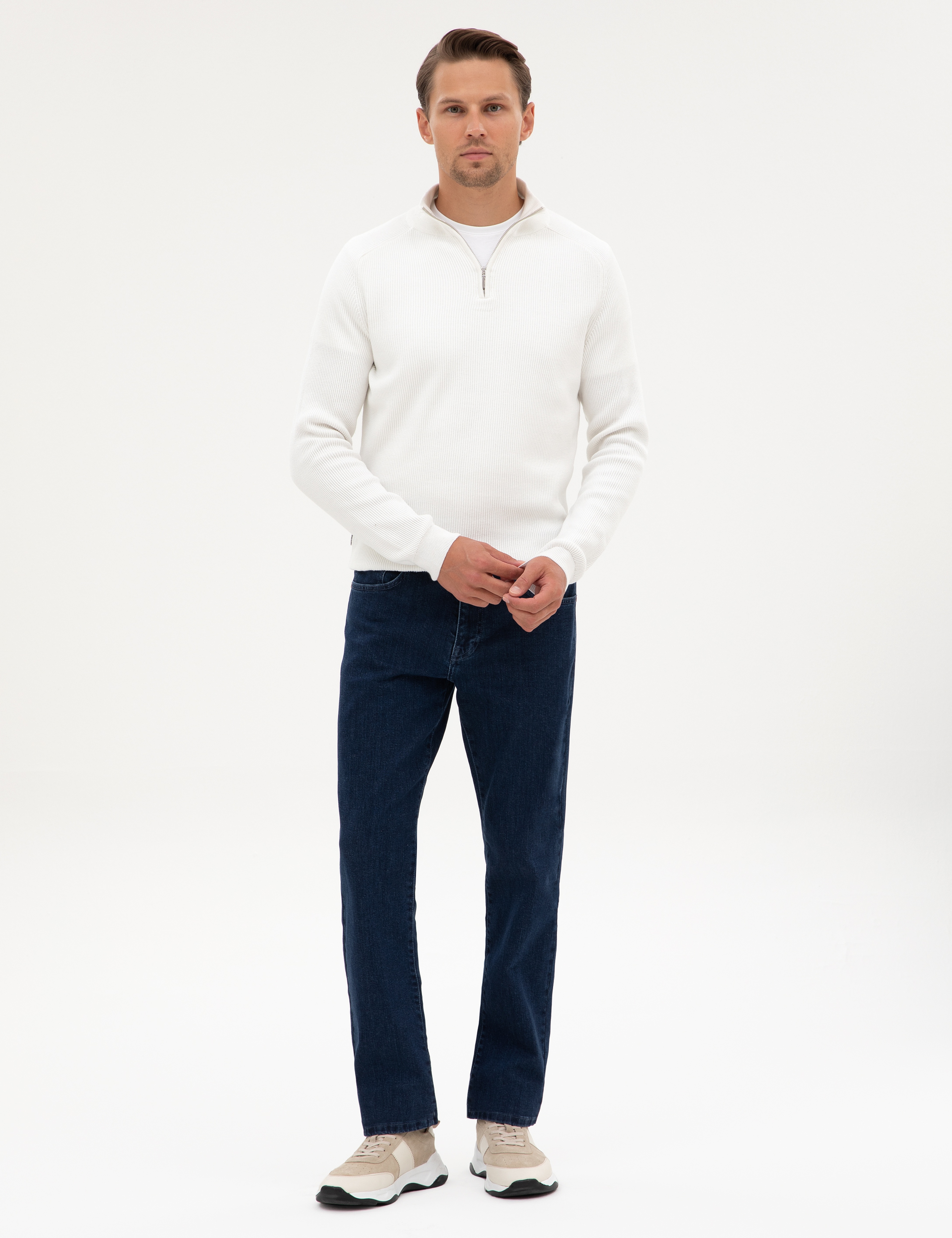 Ekru Slim Fit Dik Yaka Fermuarlı Triko Kazak