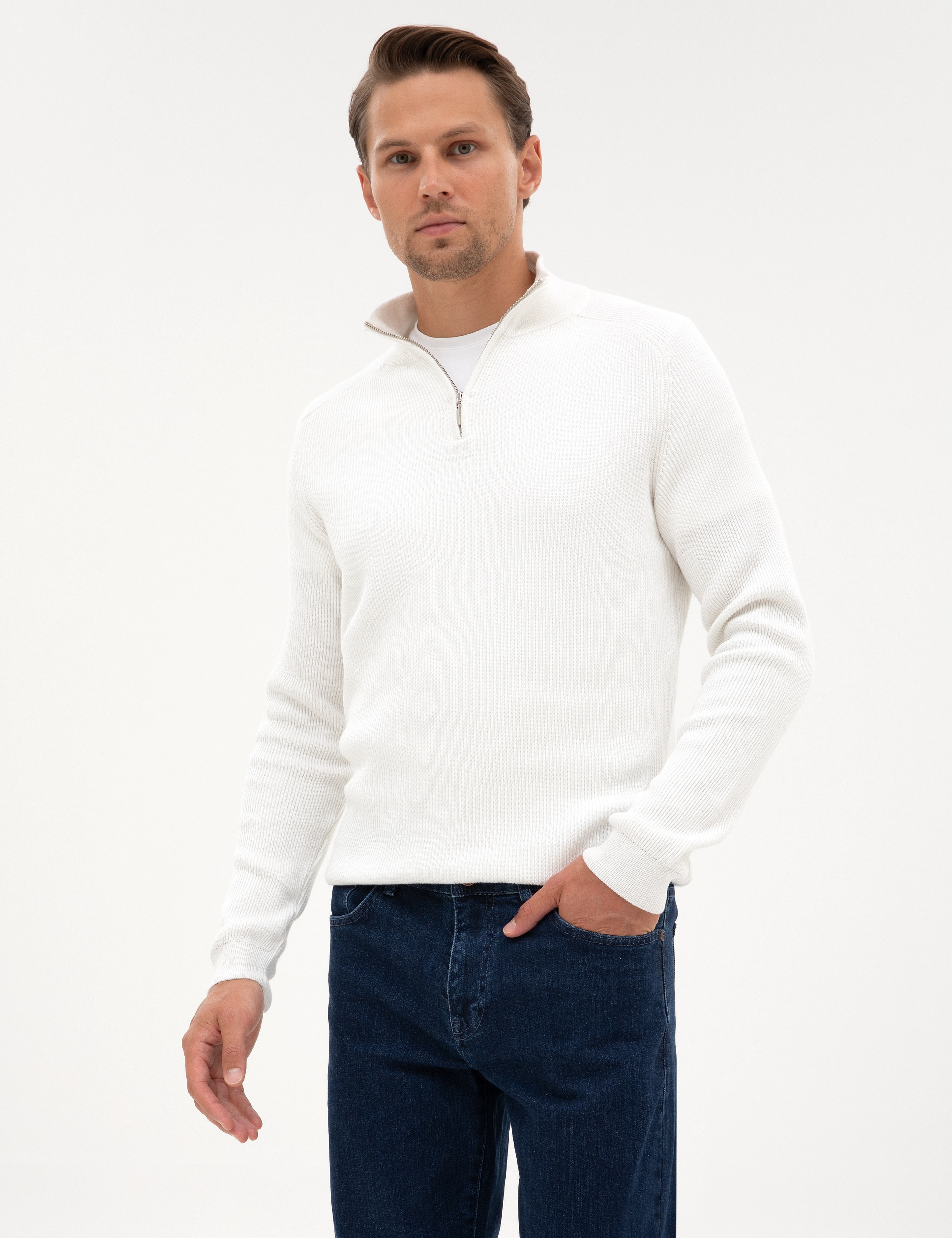 Ekru Slim Fit Dik Yaka Fermuarlı Triko Kazak - Image 3