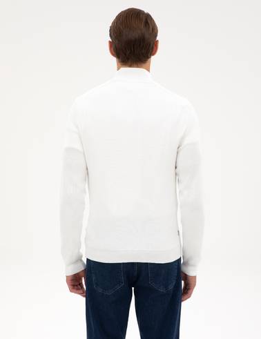 Ekru Slim Fit Dik Yaka Fermuarlı Triko Kazak