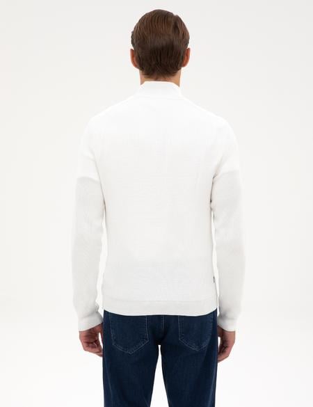 Ekru Slim Fit Dik Yaka Fermuarlı Triko Kazak - 50315732009