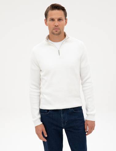 Ekru Slim Fit Dik Yaka Fermuarlı Triko Kazak