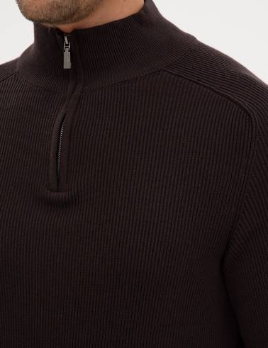 Koyu Kahverengi Slim Fit Dik Yaka Fermuarlı Triko Kazak