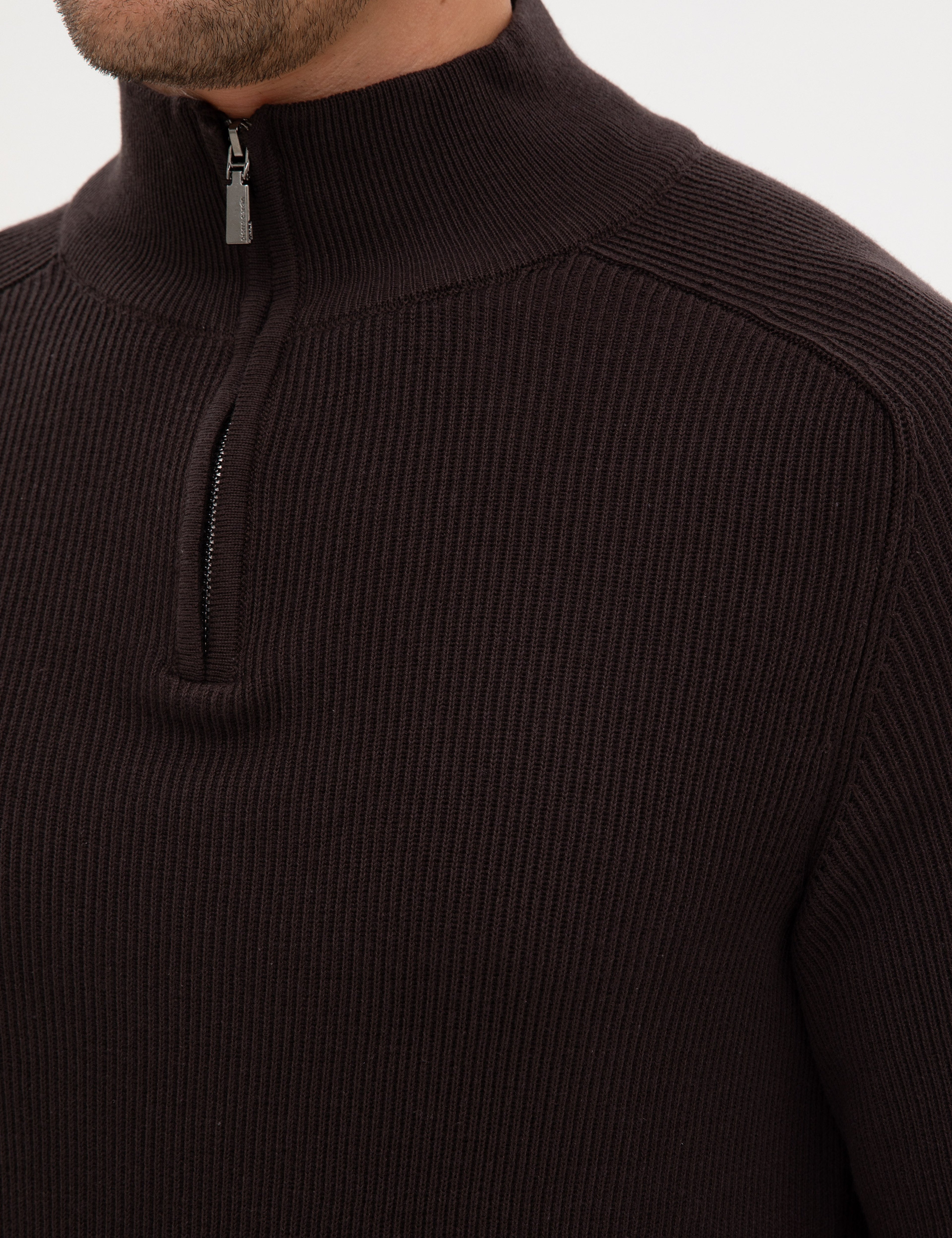 Koyu Kahverengi Slim Fit Dik Yaka Fermuarlı Triko Kazak - Image 7