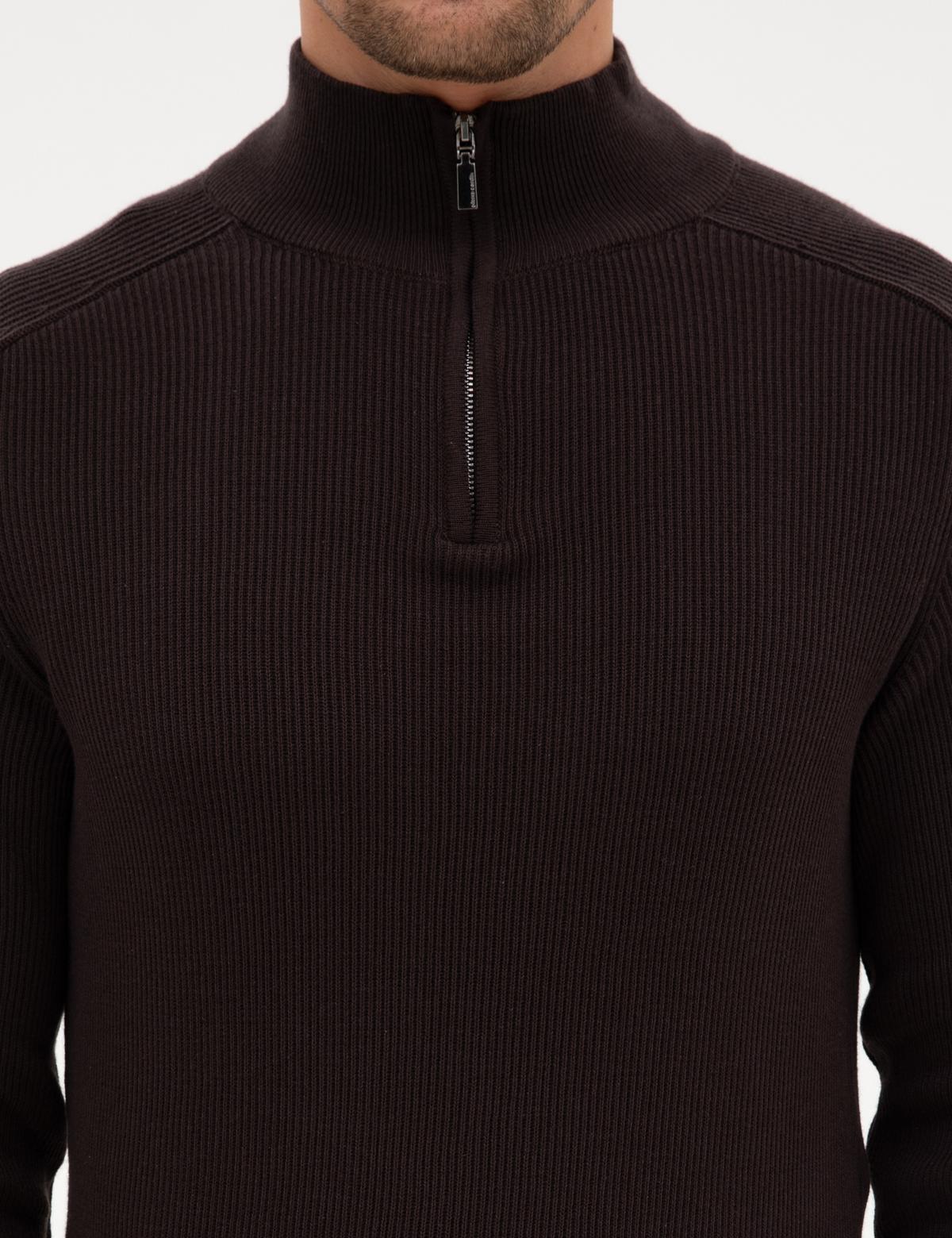 Koyu Kahverengi Slim Fit Dik Yaka Fermuarlı Triko Kazak - 50315732038