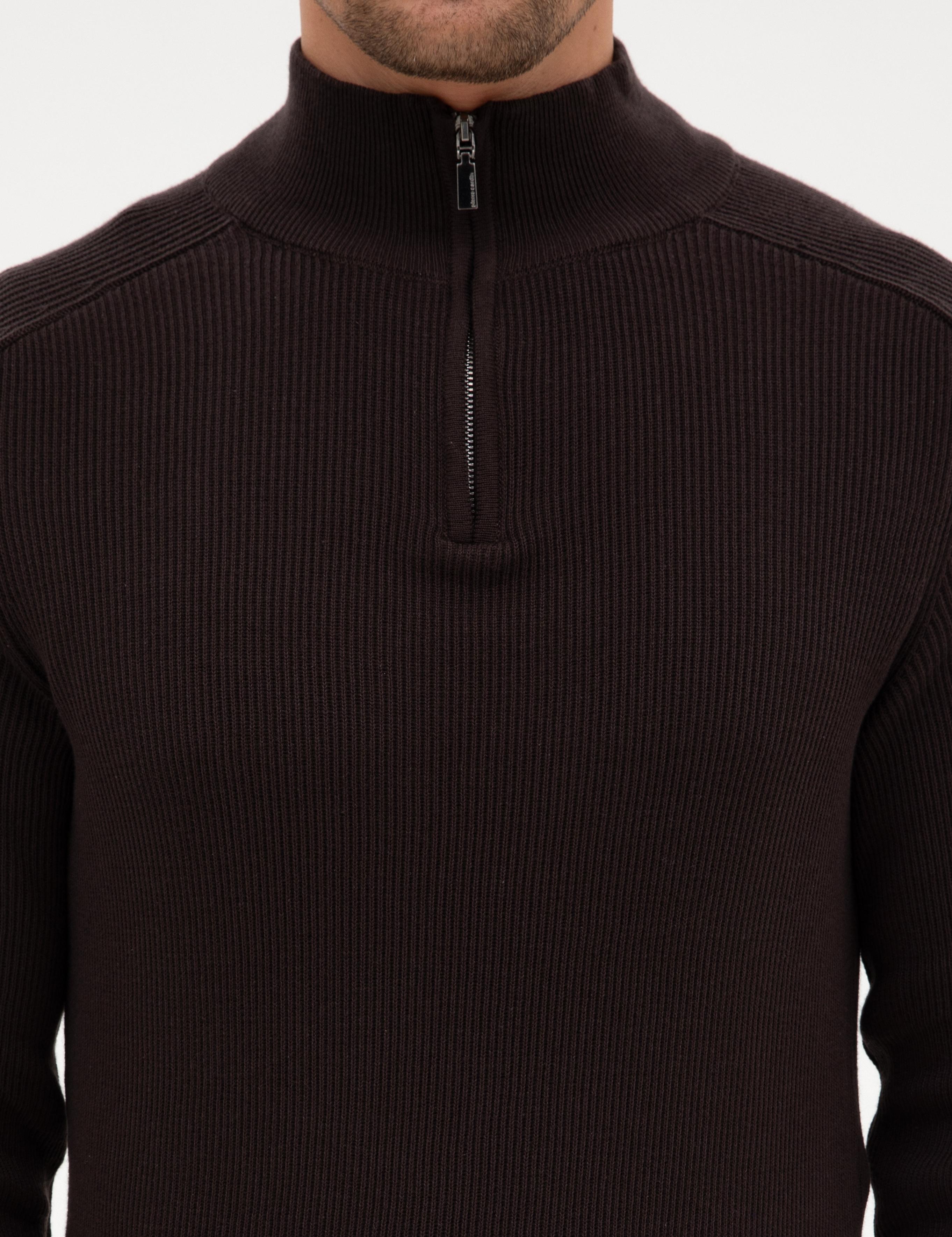 Koyu Kahverengi Slim Fit Dik Yaka Fermuarlı Triko Kazak