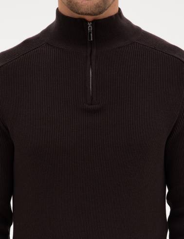 Koyu Kahverengi Slim Fit Dik Yaka Fermuarlı Triko Kazak