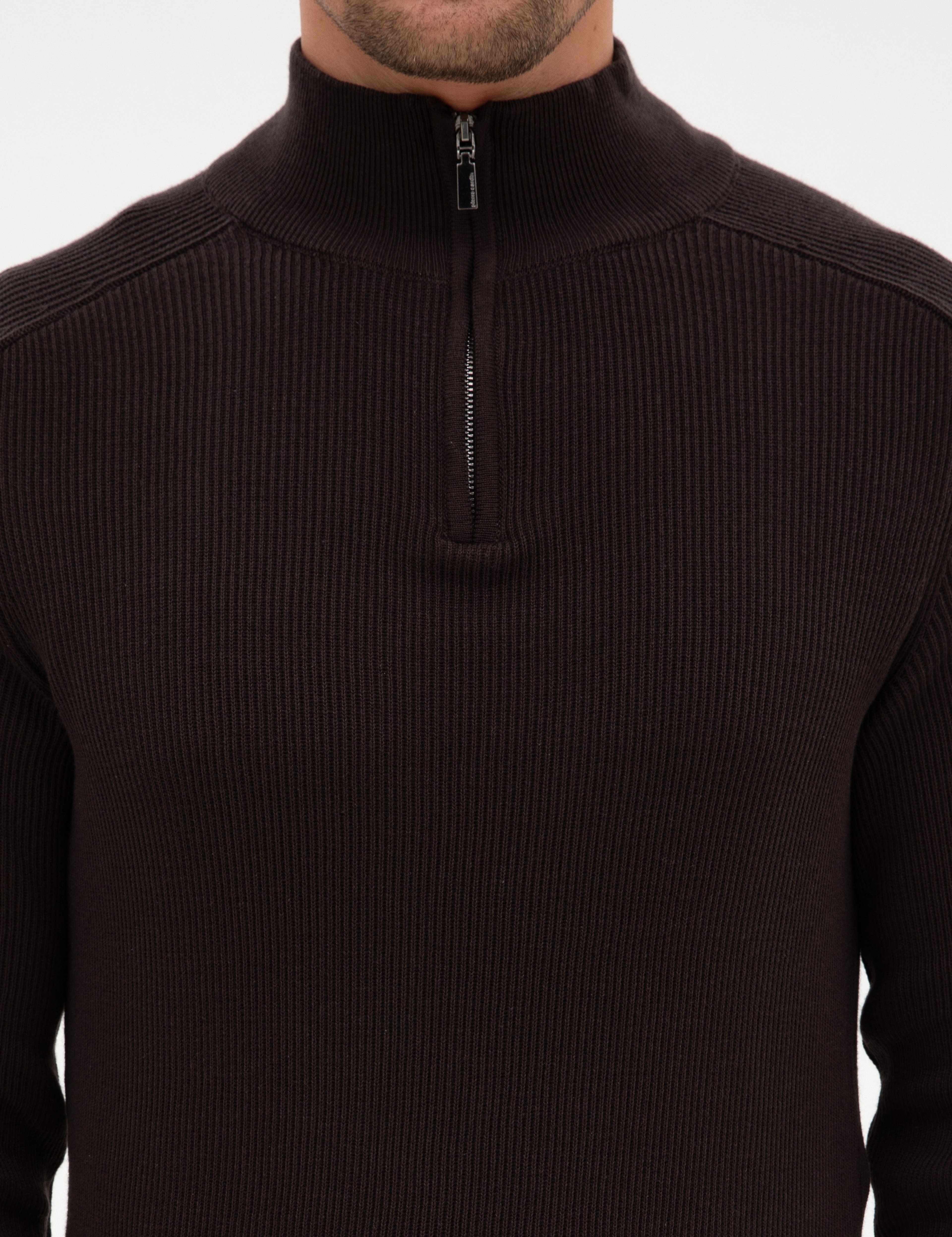 Koyu Kahverengi Slim Fit Dik Yaka Fermuarlı Triko Kazak - Image 6