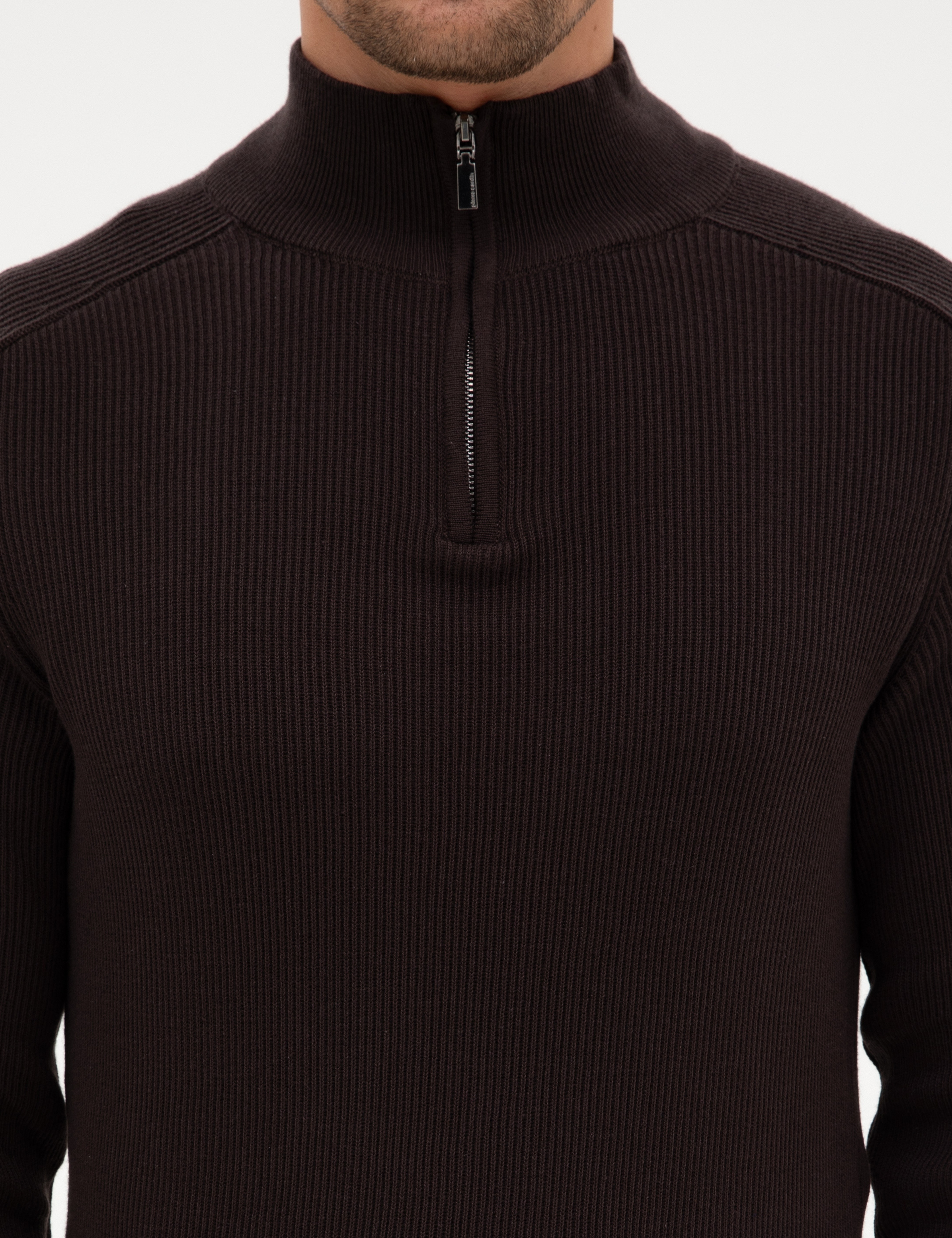Koyu Kahverengi Slim Fit Dik Yaka Fermuarlı Triko Kazak