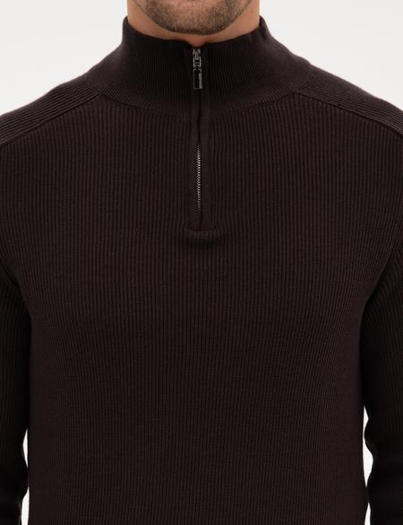 Koyu Kahverengi Slim Fit Dik Yaka Fermuarlı Triko Kazak - 50315732038