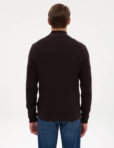 Koyu Kahverengi Slim Fit Dik Yaka Fermuarlı Triko Kazak