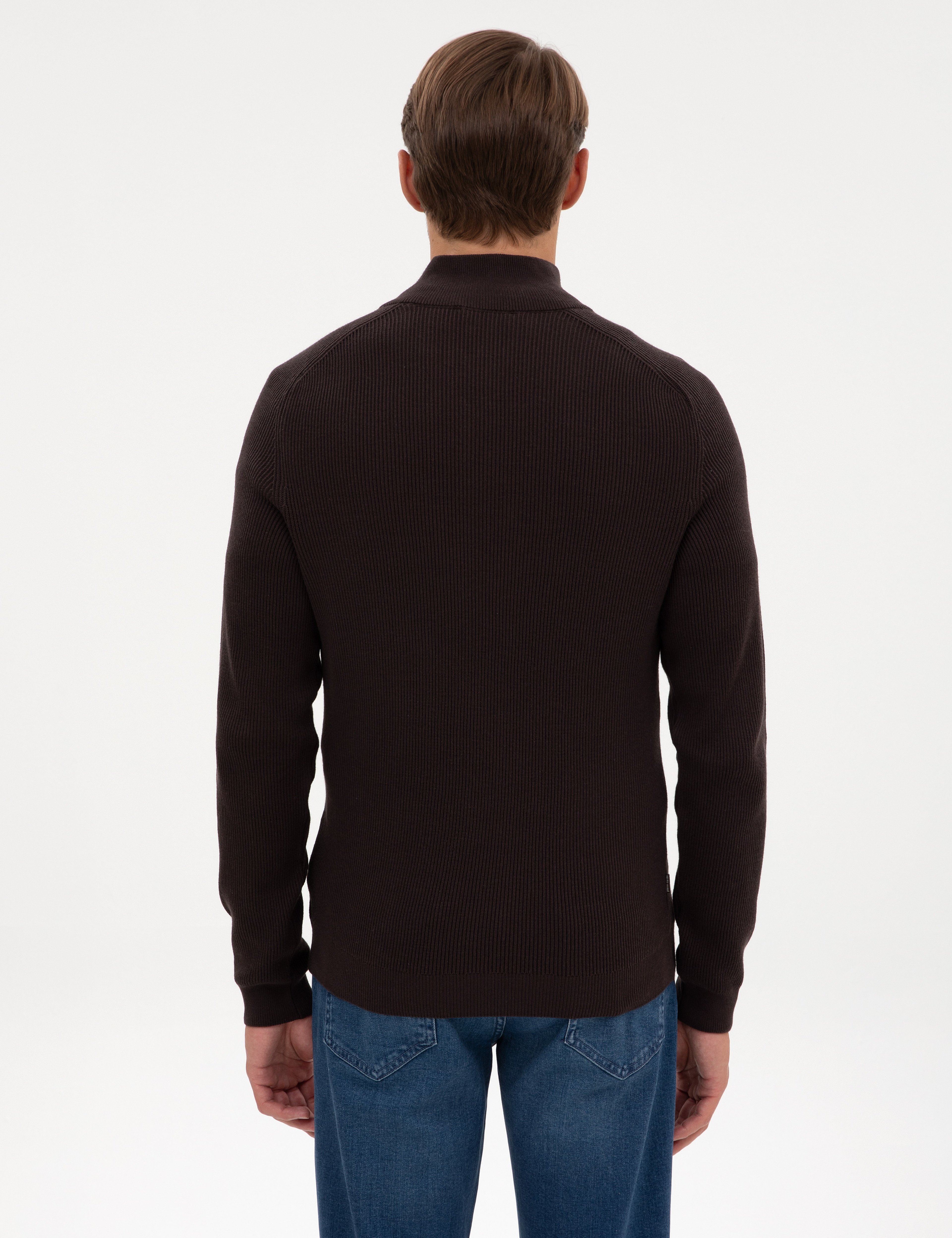 Koyu Kahverengi Slim Fit Dik Yaka Fermuarlı Triko Kazak - Image 5