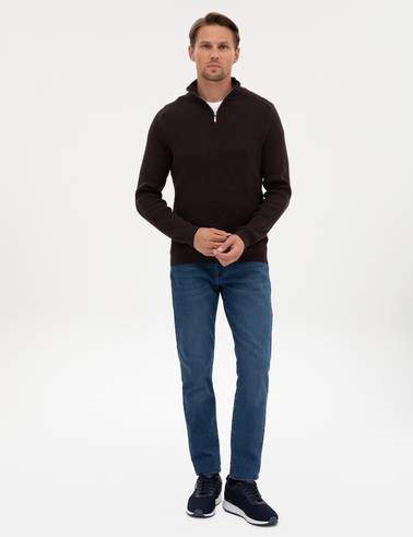 Koyu Kahverengi Slim Fit Dik Yaka Fermuarlı Triko Kazak